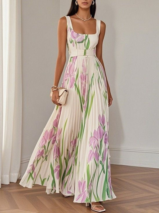 Women's Floral Pleated Maxi Dress — Sleeveless, High Waist, 5 Colors