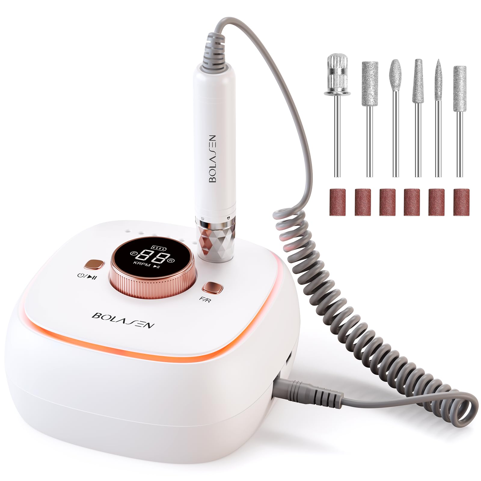 BOLASEN 40000RPM Professional Brushless Nail Drill 7800mAh Rechargeable Cordless Electric Nail File Fast Removal Nail Drill for Acrylic Gel Nail Auto Start-Stop Perfect for Salon Use HaloDrill 10