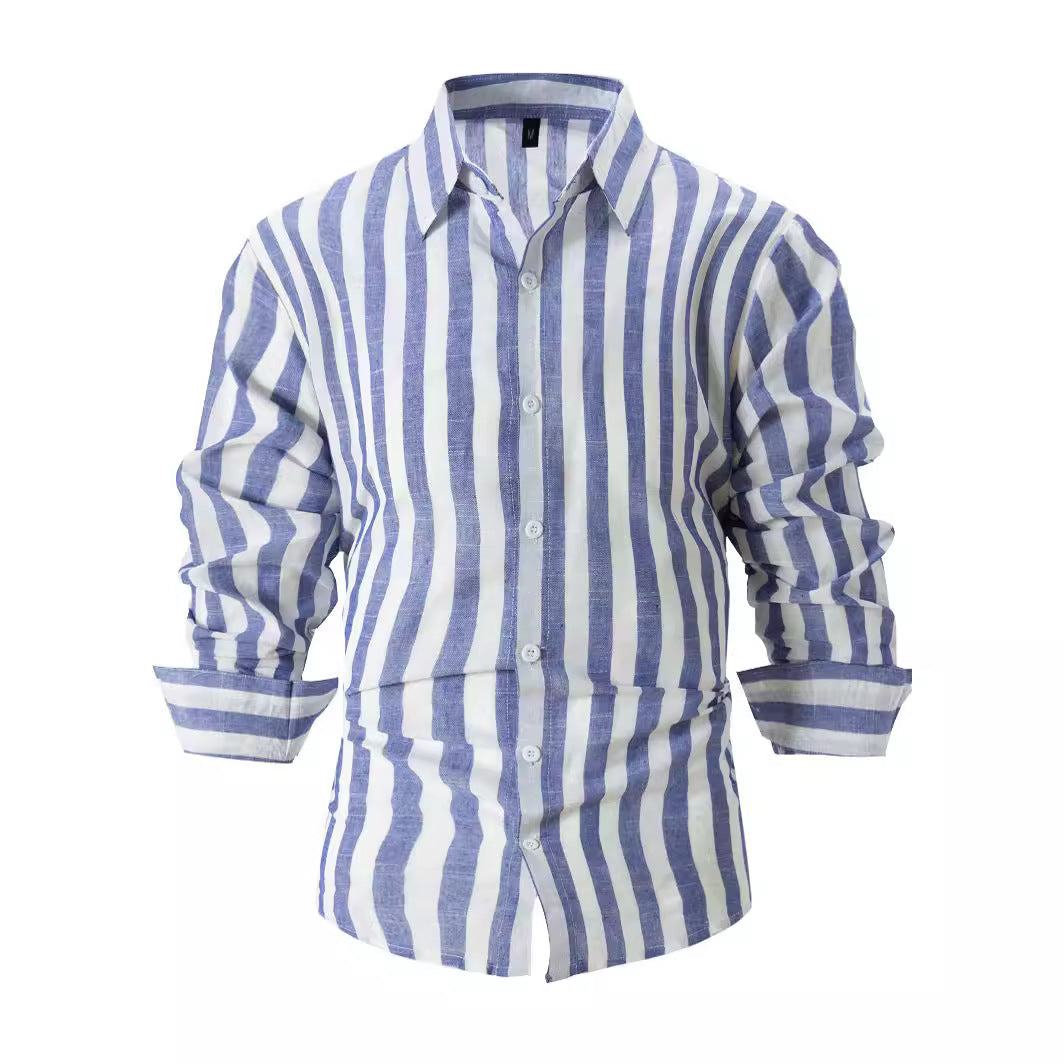 Men’s Striped Button-Up Shirt – Casual Loose Long-Sleeve