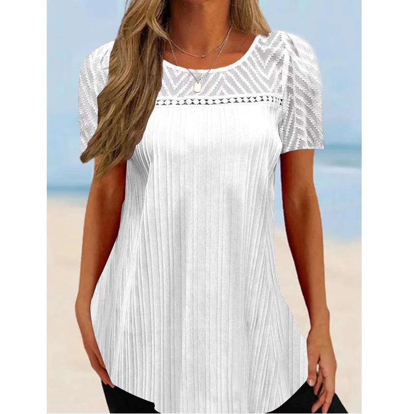 Women's Lace Patchwork Round Neck Pullover Top – Pink, Light Blue & White
