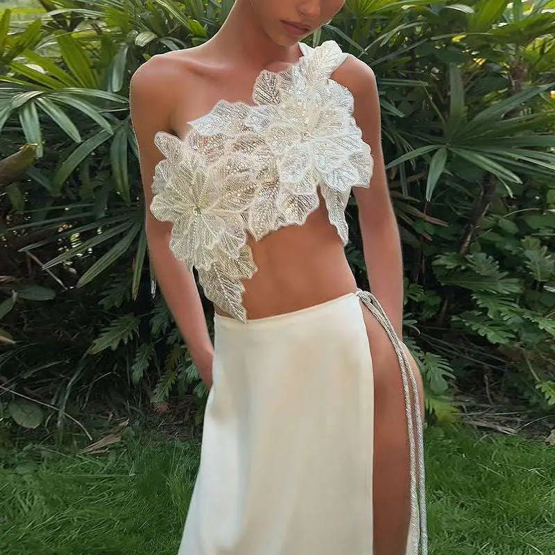 Backless Sequined Lace Split Skirt Suit
