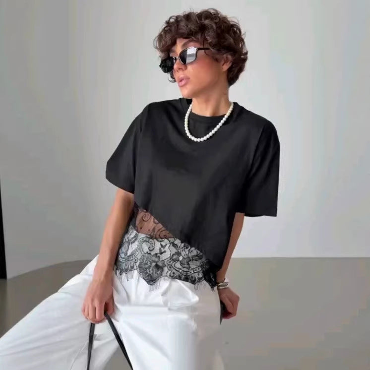 Mesh Lace Patchwork Blouse – Short Sleeve Crew Neck | White & Black