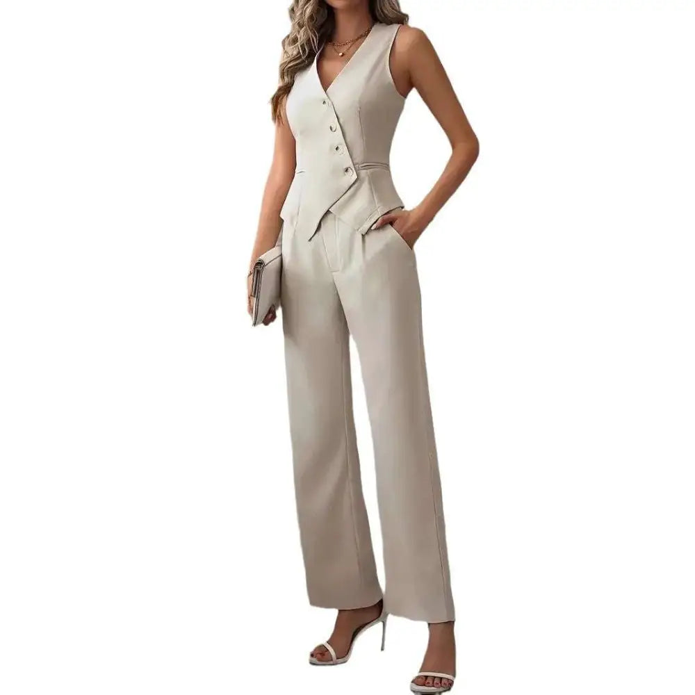 Beige Pleated Casual Vest Suit Pants