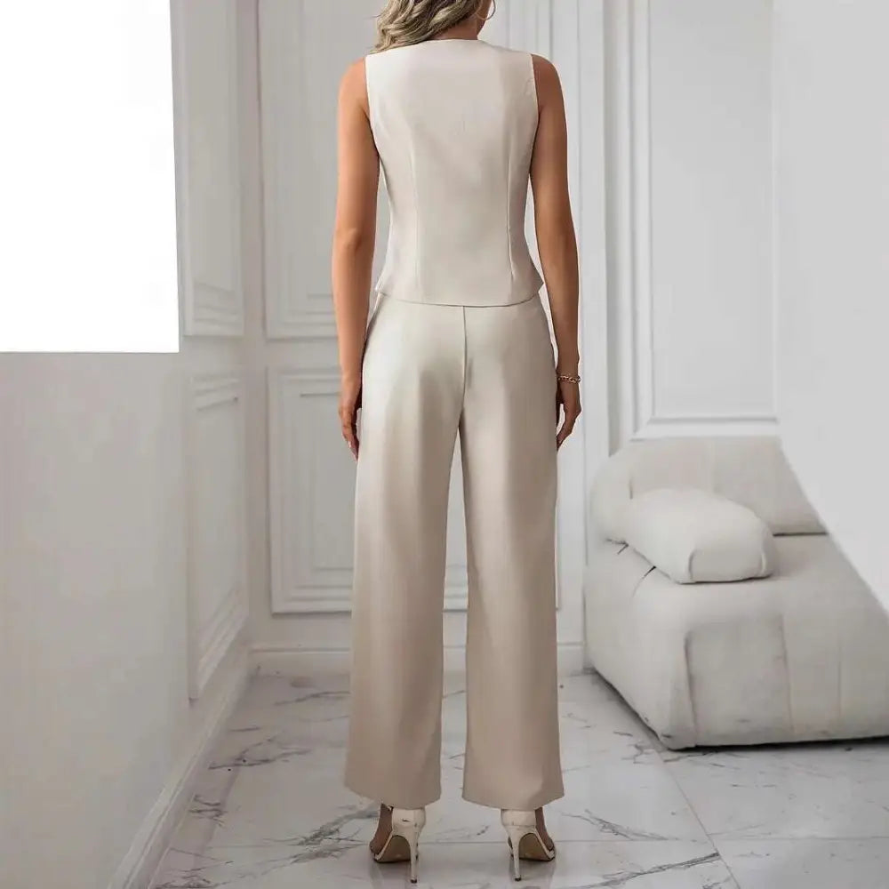 Beige Pleated Casual Vest Suit Pants
