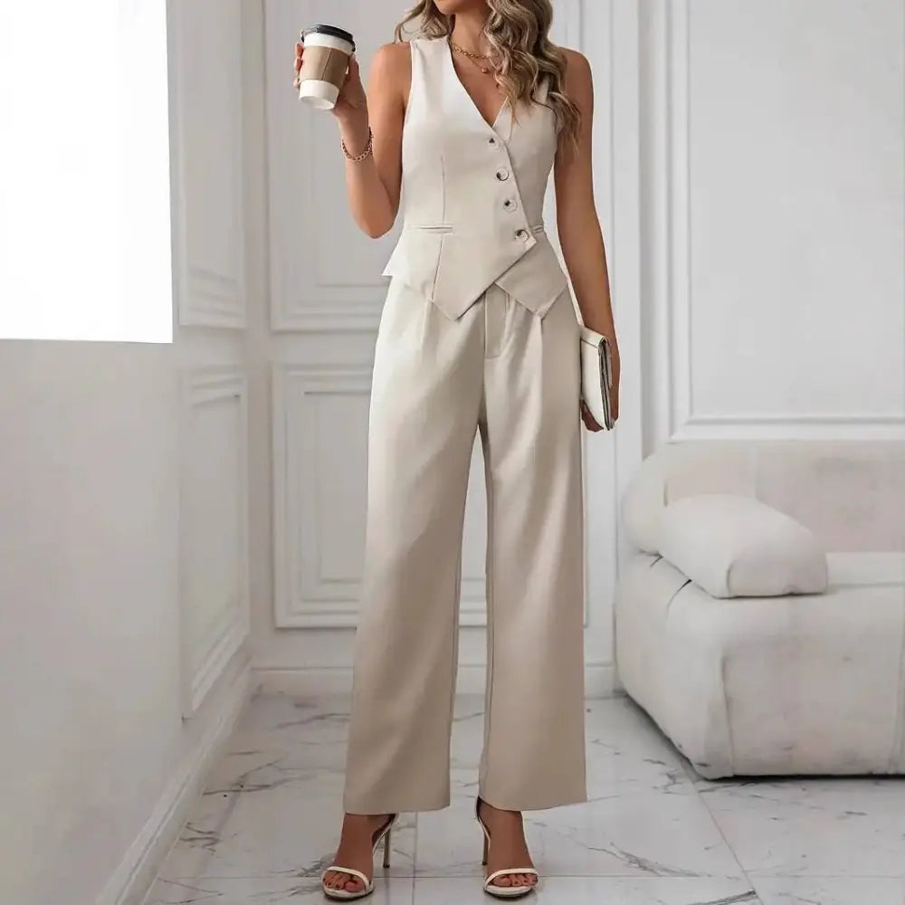 Beige Pleated Casual Vest Suit Pants