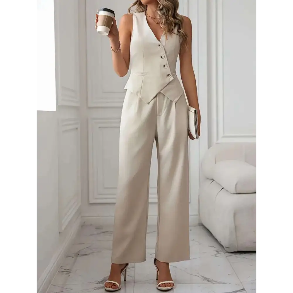 Beige Pleated Casual Vest Suit Pants