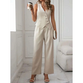 Beige Pleated Casual Vest Suit Pants