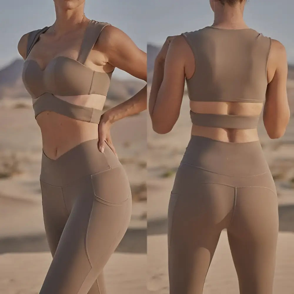 Beige Yoga Pants and Sport Coat Fitness Set