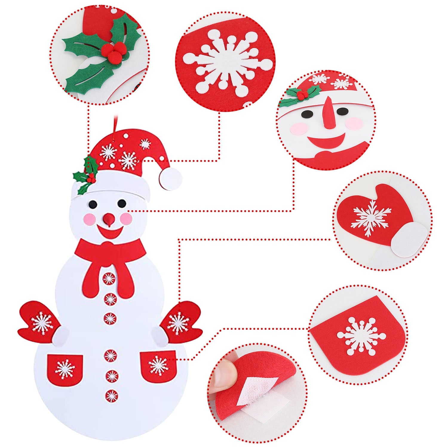 Felt Christmas Snowman Set DIY Felt Christmas Hanging Decorations Kits with 54Pcs Detachable Ornaments Xmas Gift for Toddlers