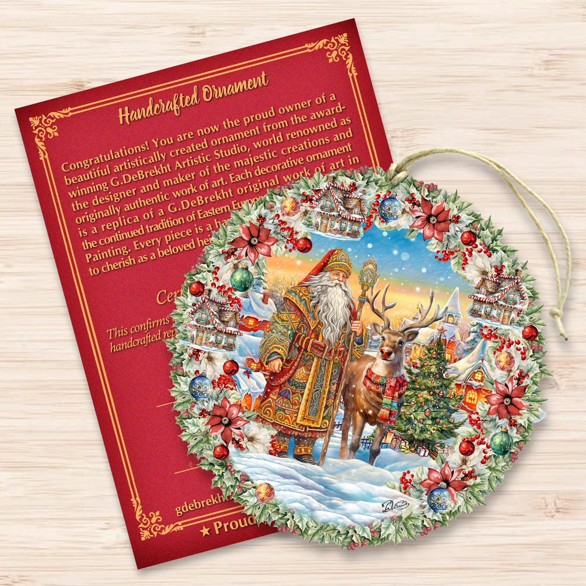 Santa's Magical Cottage Wreath Wooden Ornaments by G. Debrekht Christmas Santa Snowman Decor - 8611066
