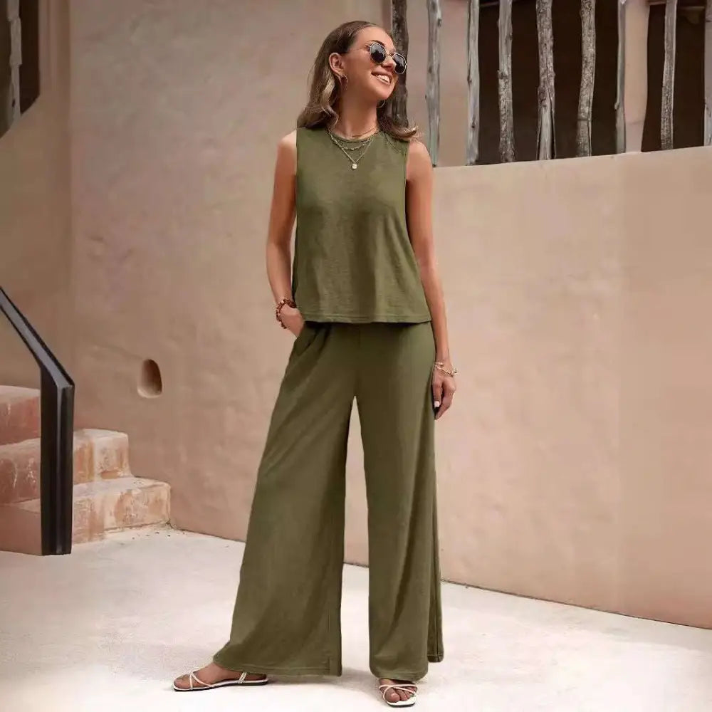 Black Casual Loose Pants Set with Sleeveless Top