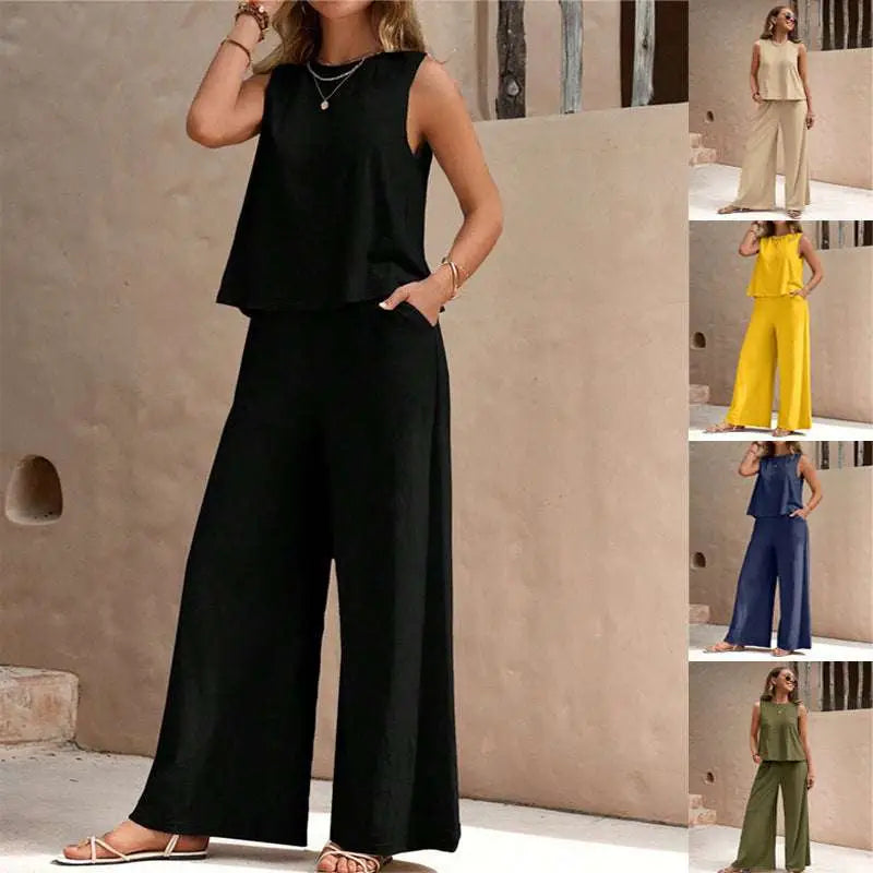 Black Casual Loose Pants Set with Sleeveless Top