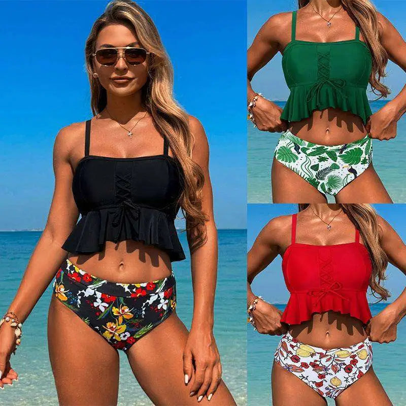 Black Floral Conservative Split Slimming Swimsuit