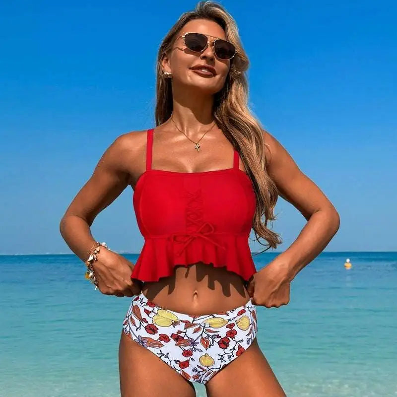 Black Floral Conservative Split Slimming Swimsuit