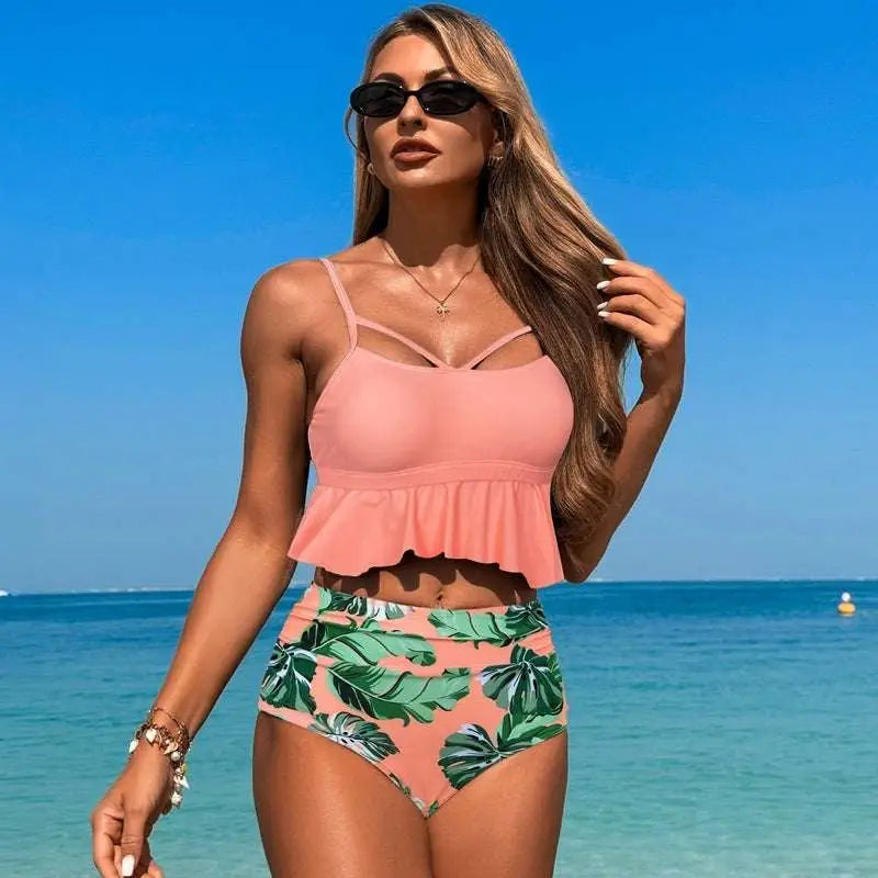 Black Floral Ruffled High Waisted Women’s Swimsuit Bikini