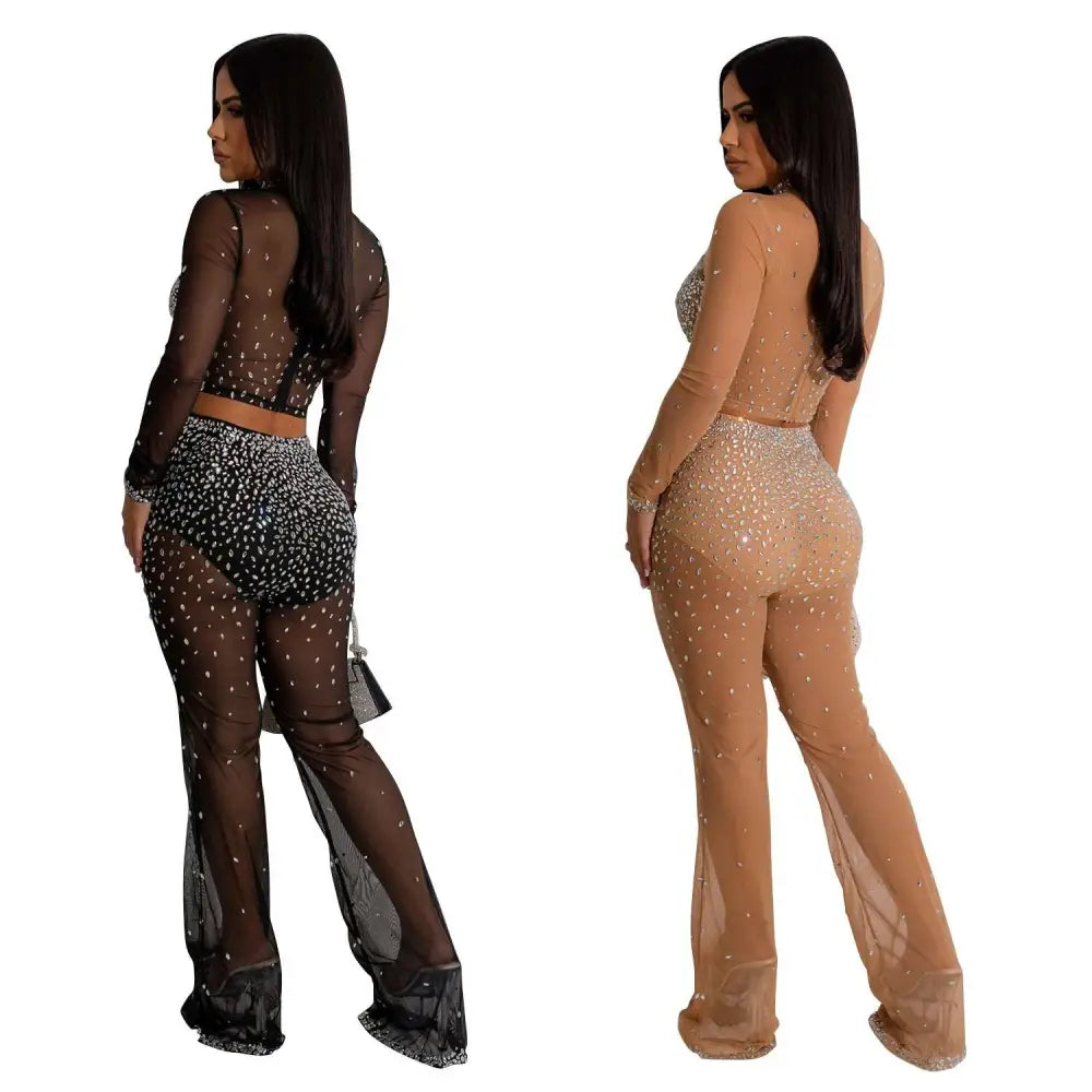 Black Gold Color Mesh Rhinestone Two Piece Set