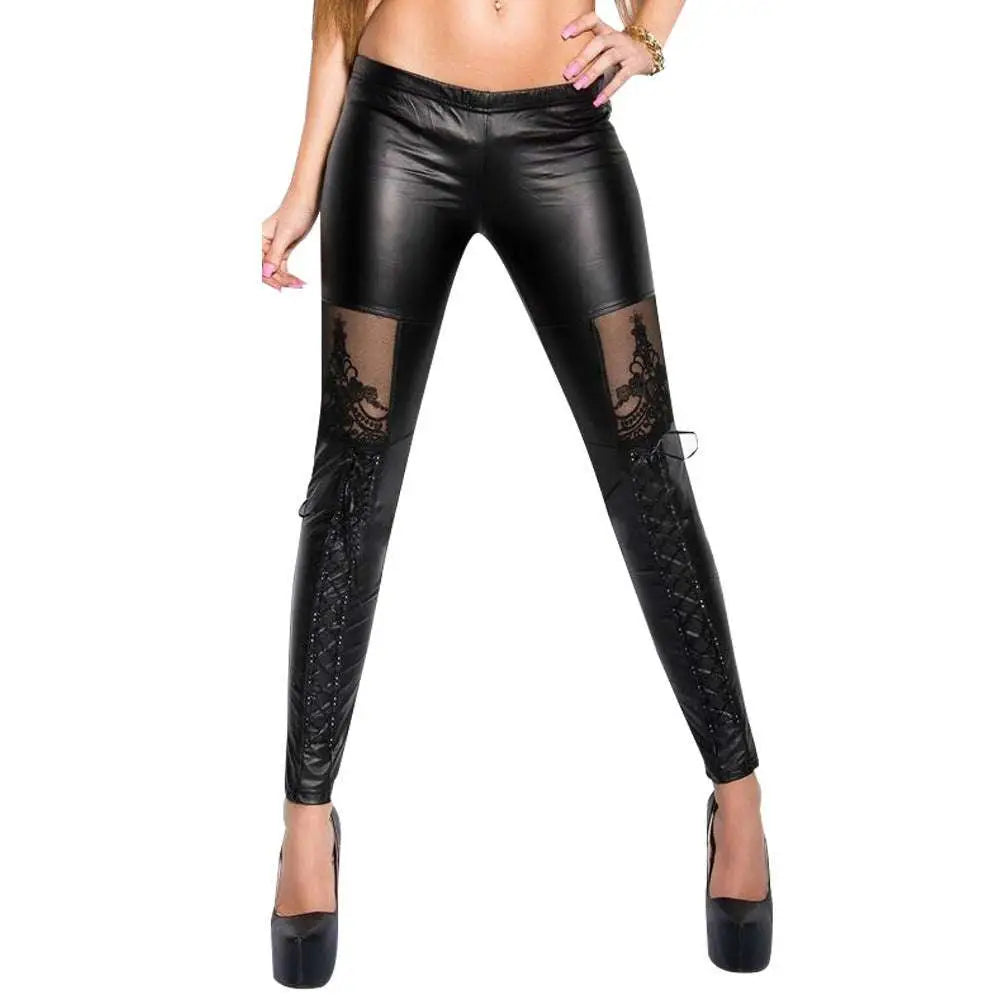 Black Jacquard Lace Stitching Base Leather Pants