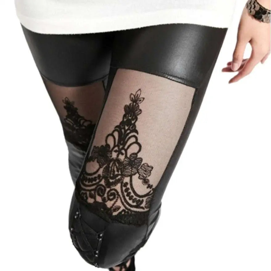 Black Jacquard Lace Stitching Base Leather Pants
