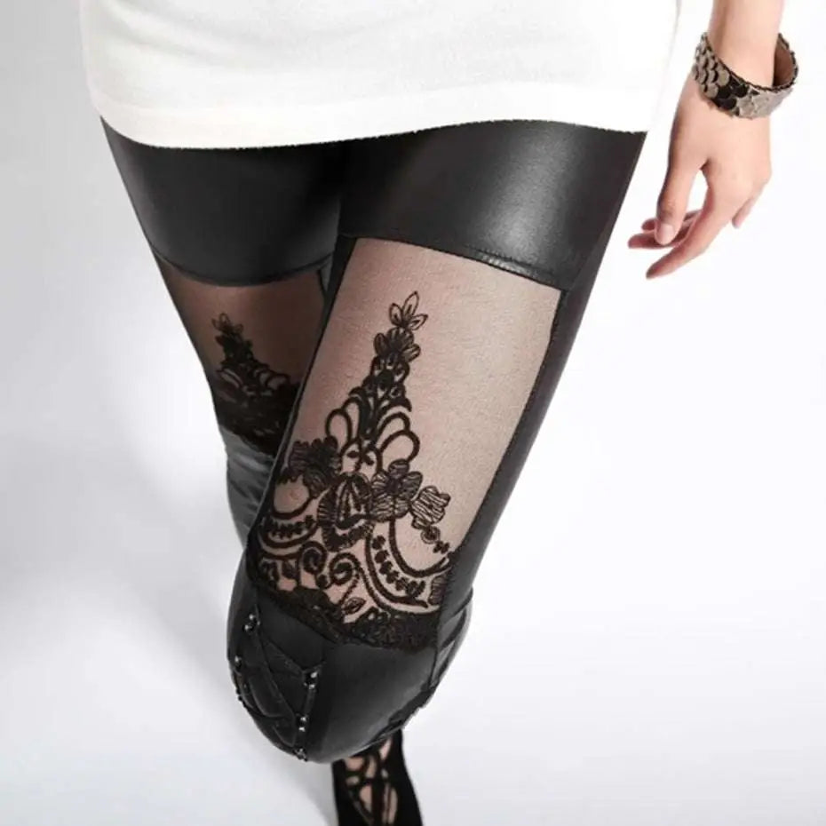 Black Jacquard Lace Stitching Base Leather Pants