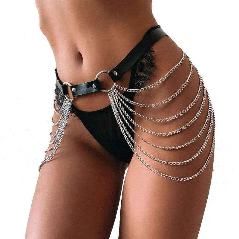 Black Leather Harness Chain Tassel Belt