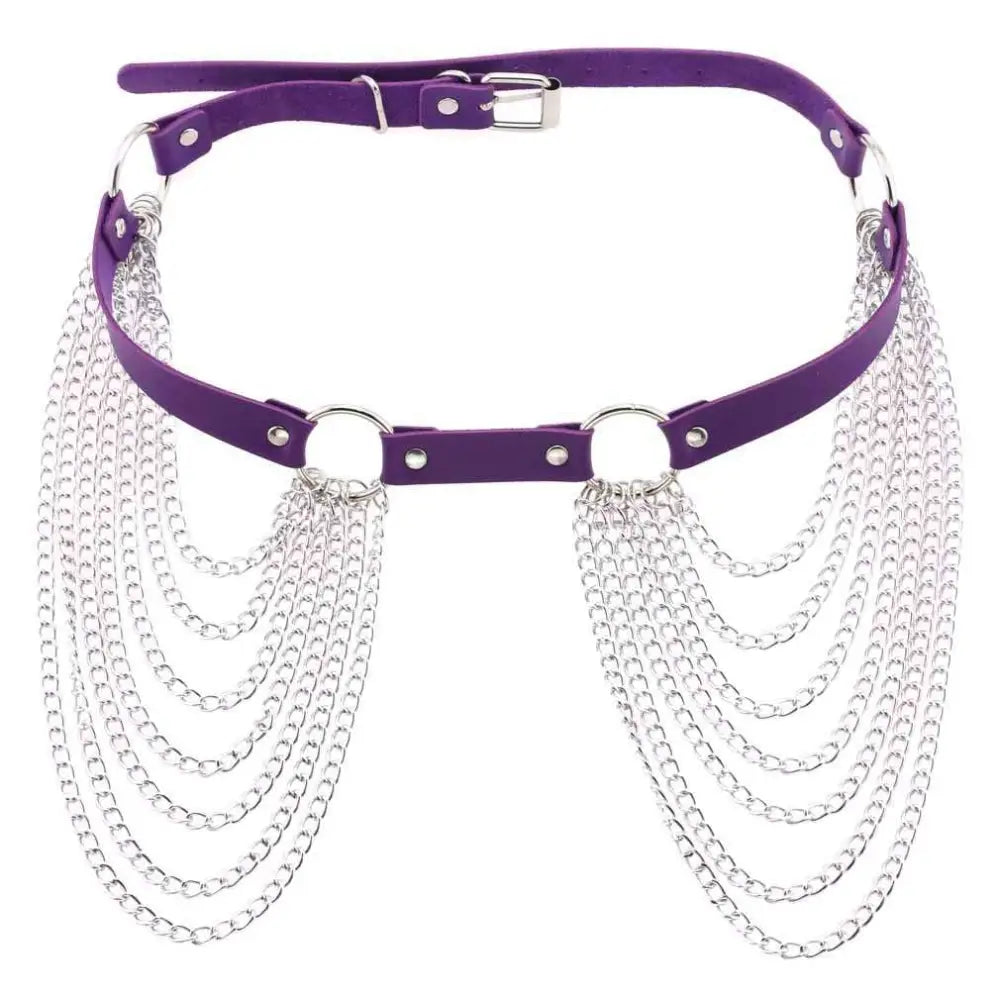 Black Leather Harness Chain Tassel Belt
