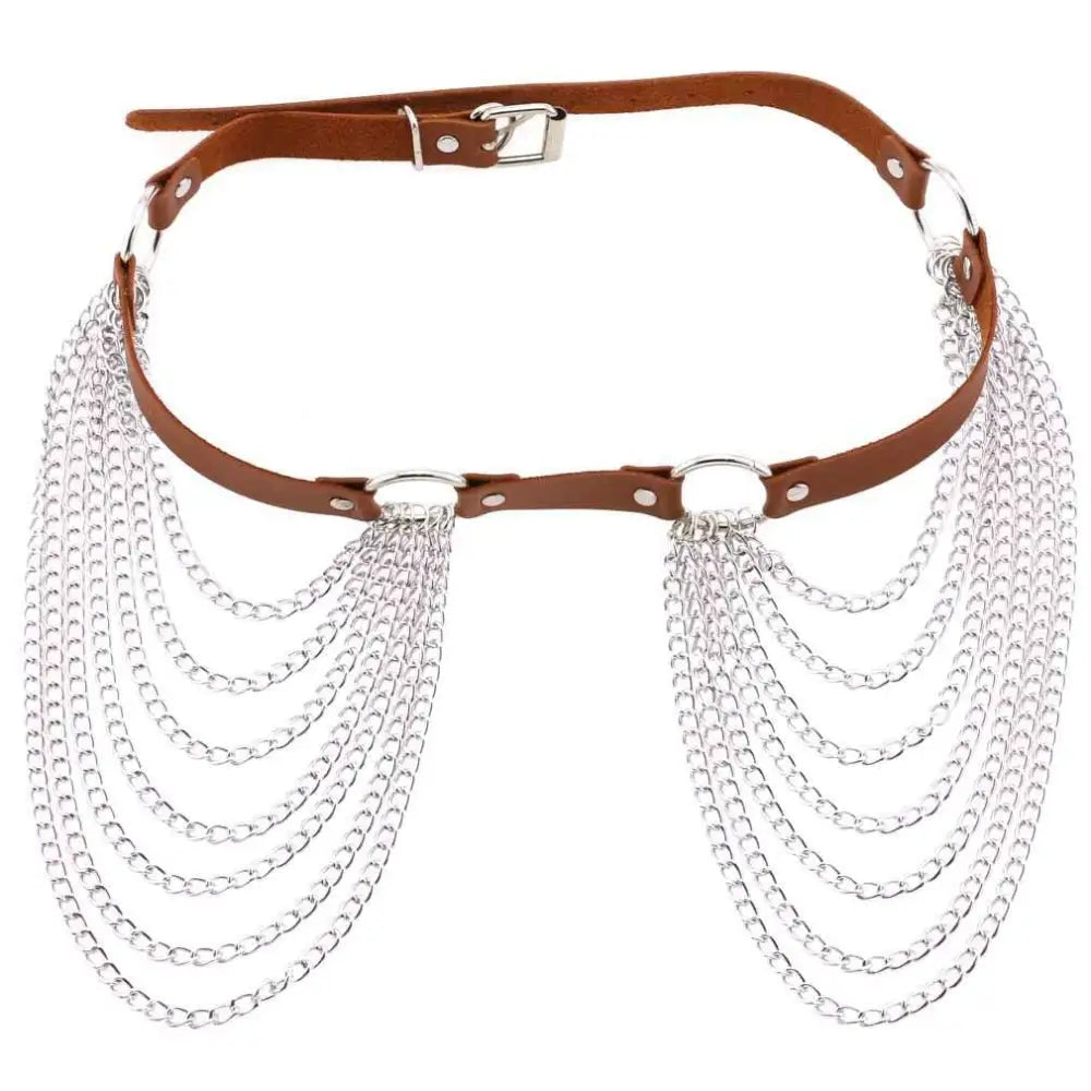 Black Leather Harness Chain Tassel Belt