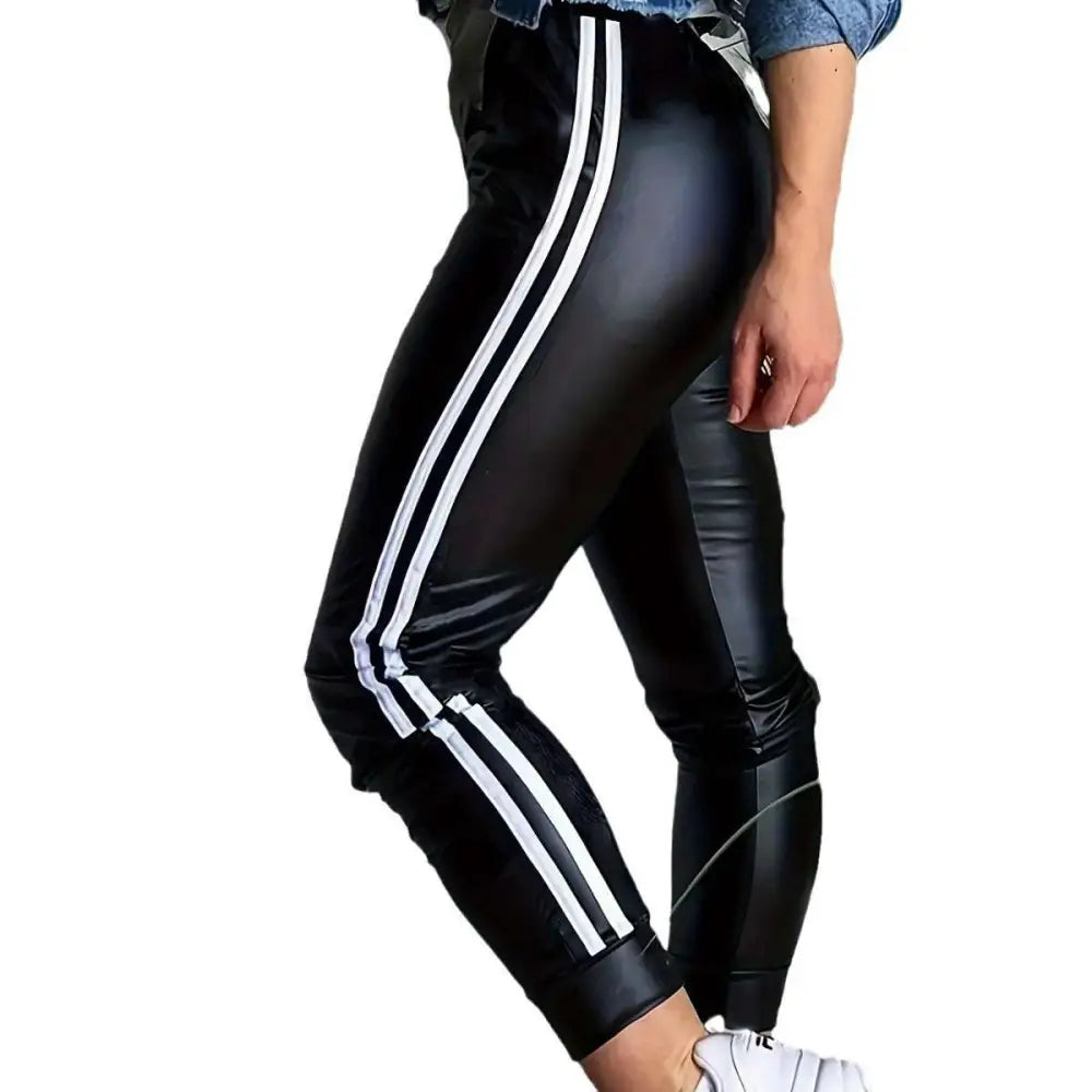 Black Leather Hip Lifting Tight Trousers with Stripes