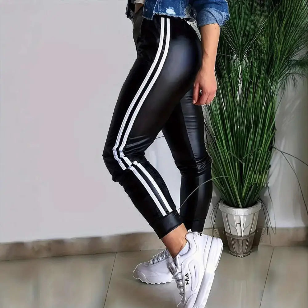 Black Leather Hip Lifting Tight Trousers with Stripes