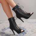 Black Leather Peep Toe High Heel Pumps