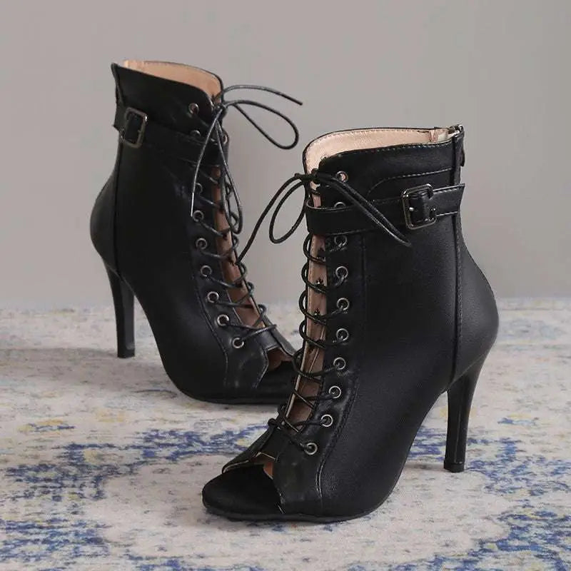 Black Leather Peep Toe High Heel Pumps