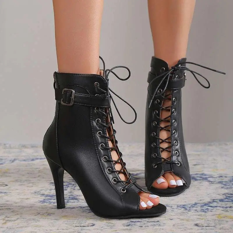 Black Leather Peep Toe High Heel Pumps