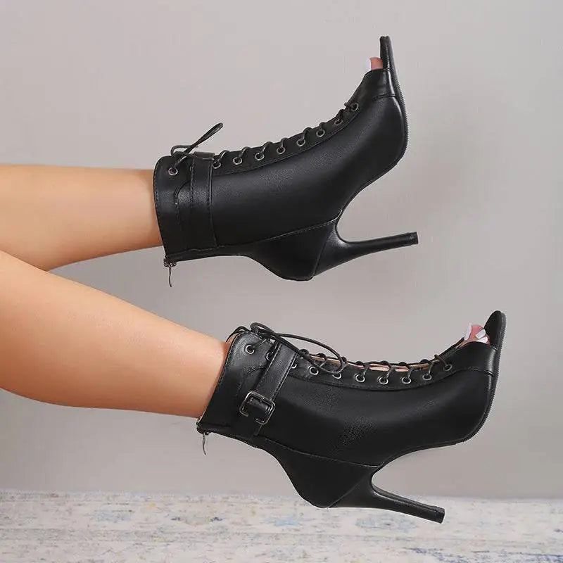 Black Leather Peep Toe High Heel Pumps