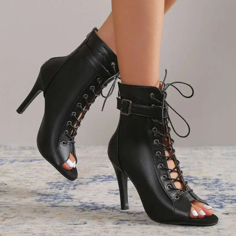 Black Leather Peep Toe High Heel Pumps
