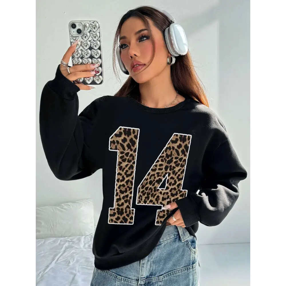 Black Leopard Number 14 Crew Neck Sweatshirt