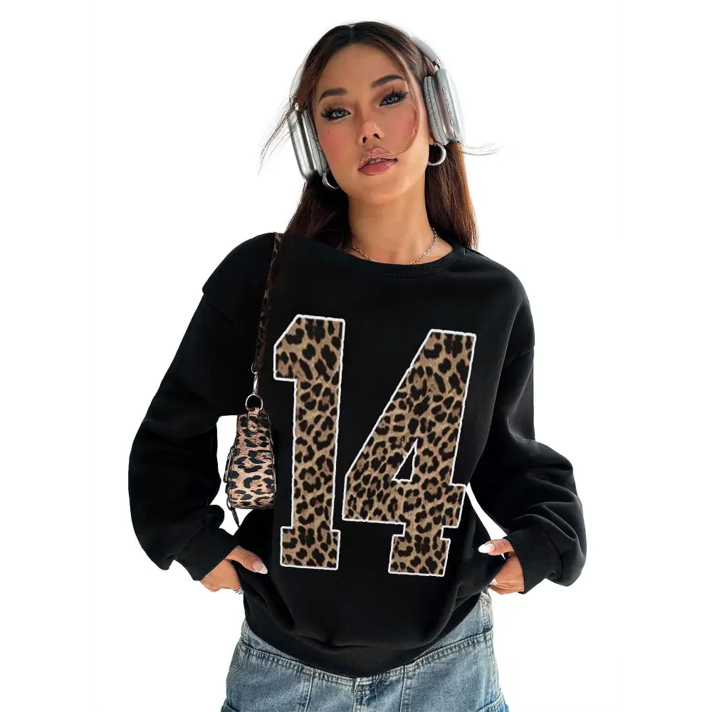 Black Leopard Number 14 Crew Neck Sweatshirt