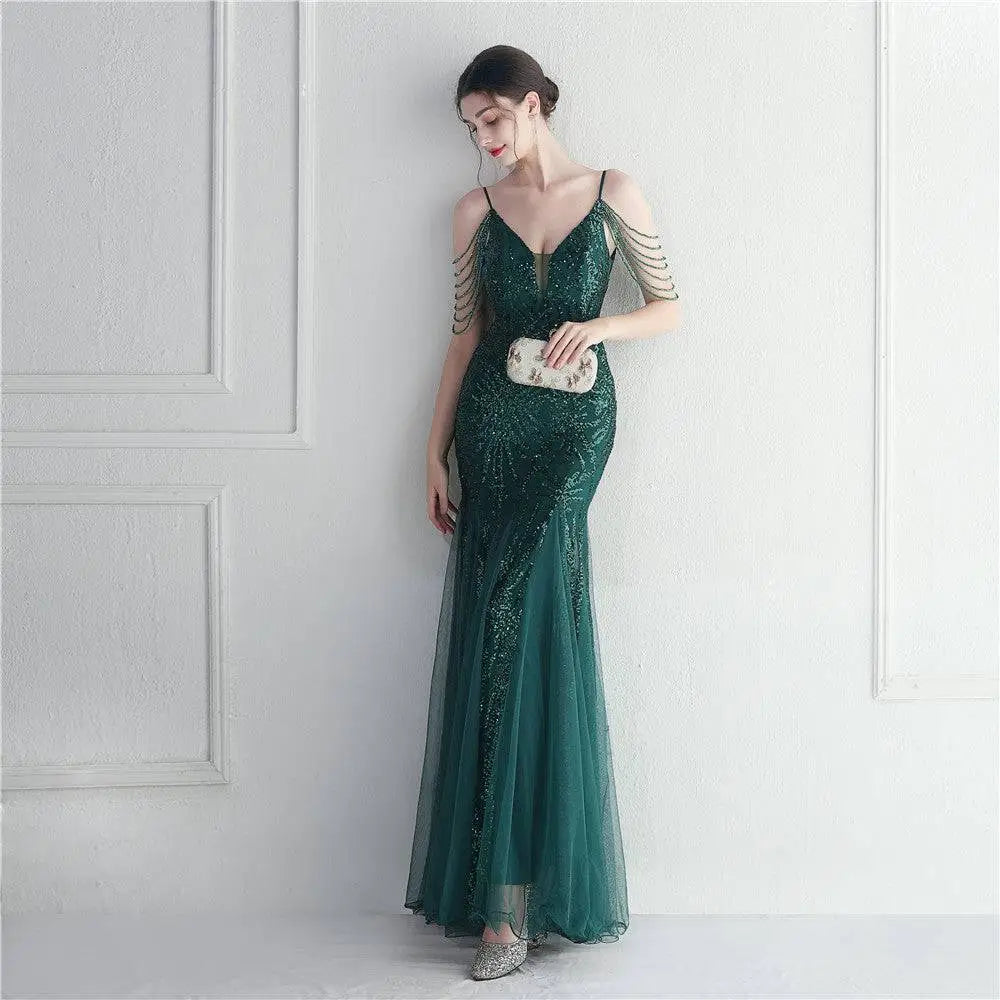 Black Mesh Beaded Dinner Gown