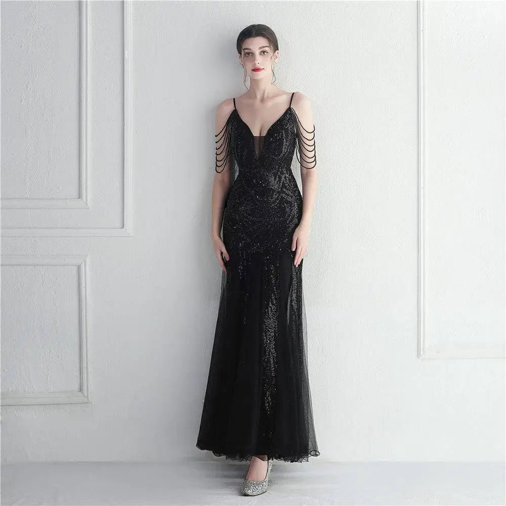 Black Mesh Beaded Dinner Gown