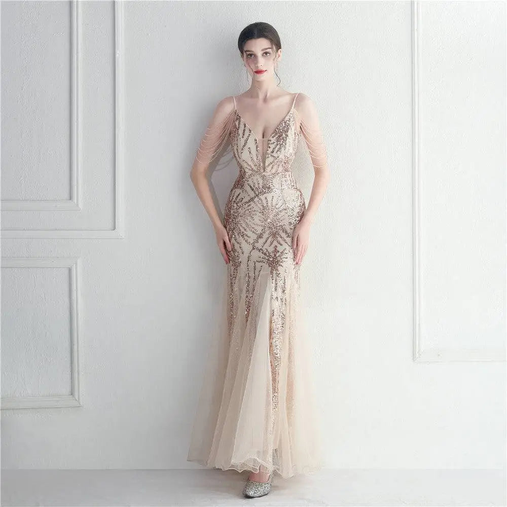 Black Mesh Beaded Dinner Gown