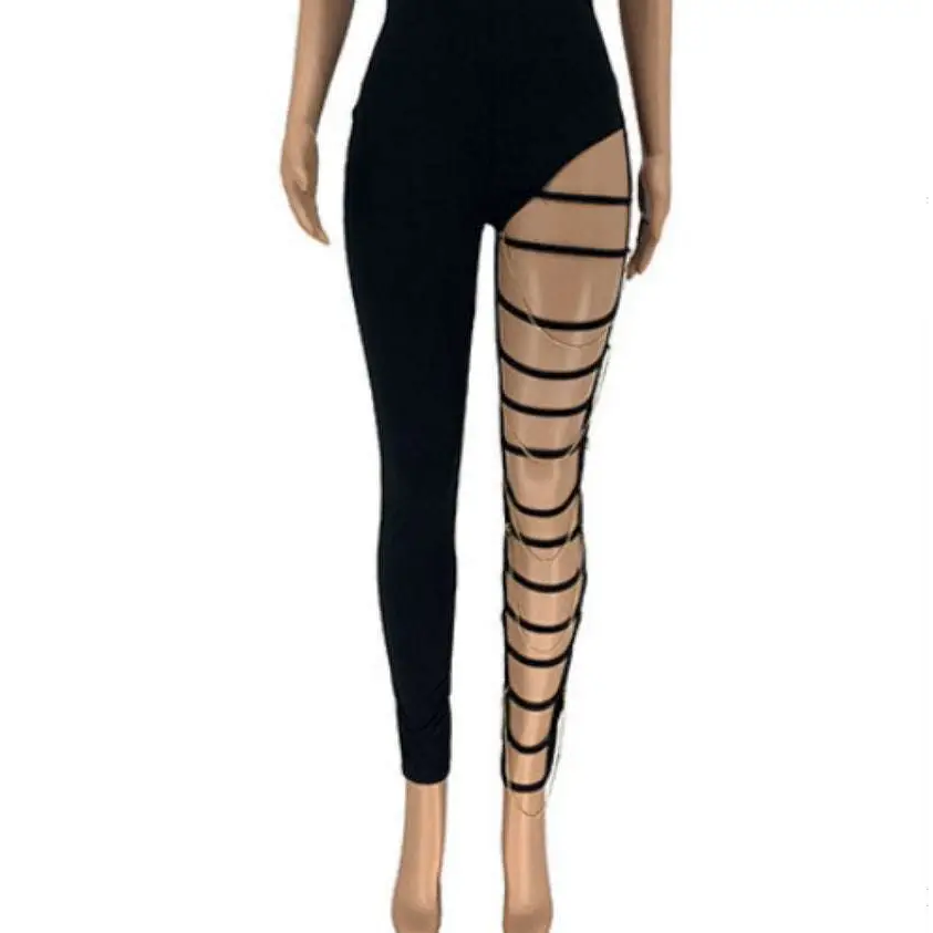 Black Sheer Gold Chain Casual Sexy Ripped Leggings