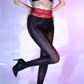 Black Silk Romper Stockings with Red Lace Waistband