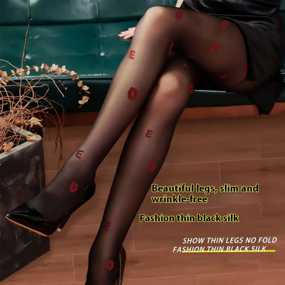 Black Snagging Resistant Sock Leggings with Red Patterns