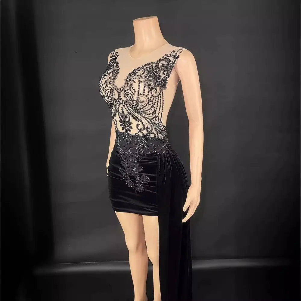 Black Velvet Evening Dress with Side Train