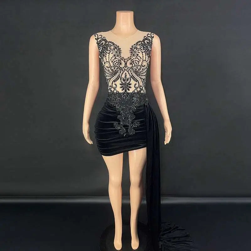 Black Velvet Evening Dress with Side Train