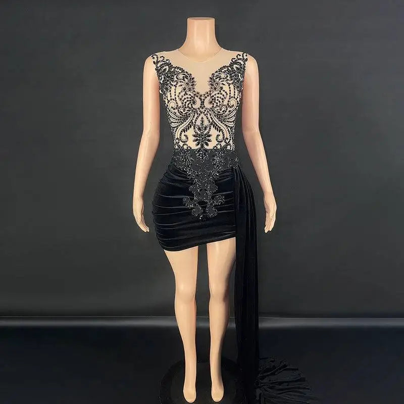 Black Velvet Evening Dress with Side Train