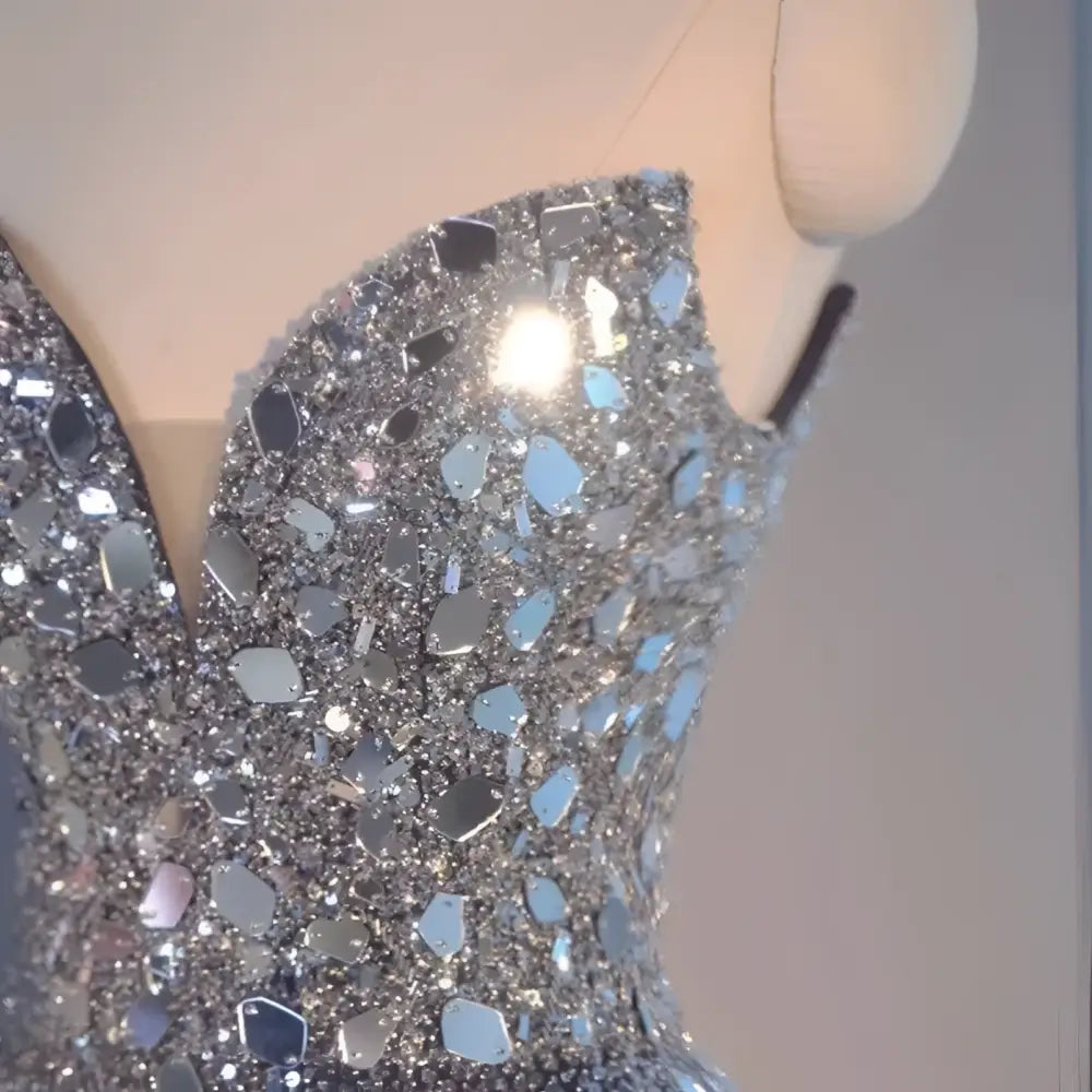 Blue Elaborate Beaded Evening Dress