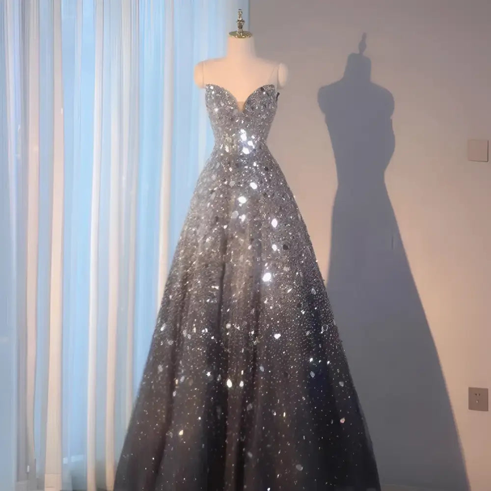 Blue Elaborate Beaded Evening Dress
