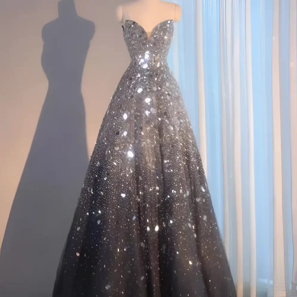 Blue Elaborate Beaded Evening Dress