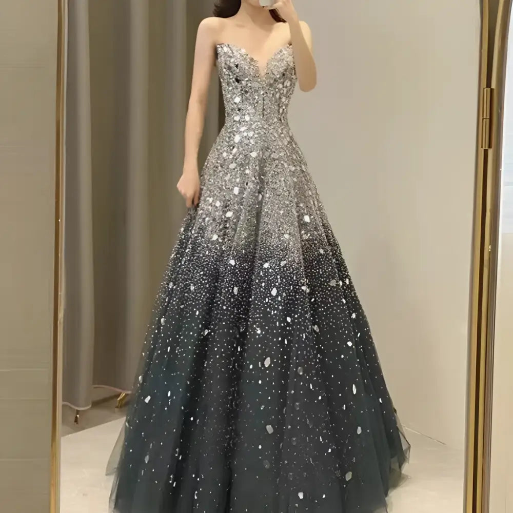 Blue Elaborate Beaded Evening Dress