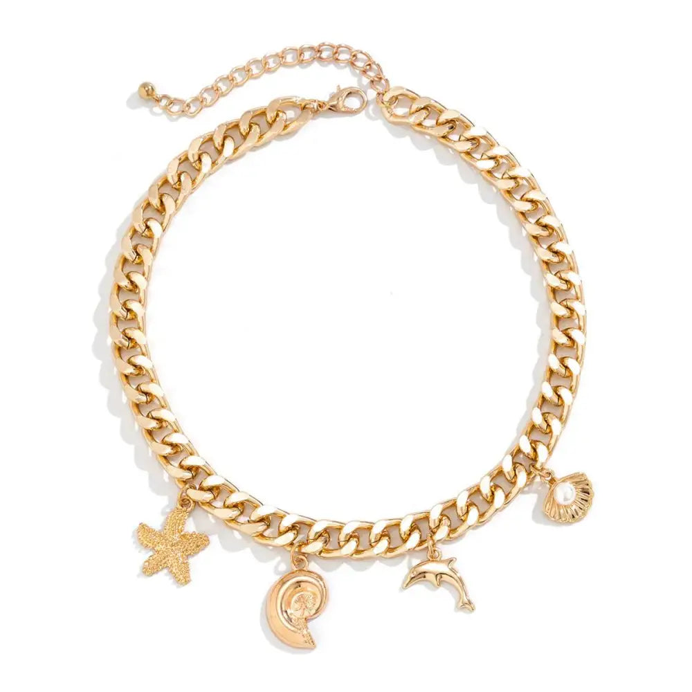 Boho Conch Dolphin Starfish Choker Necklace Bracelet Set