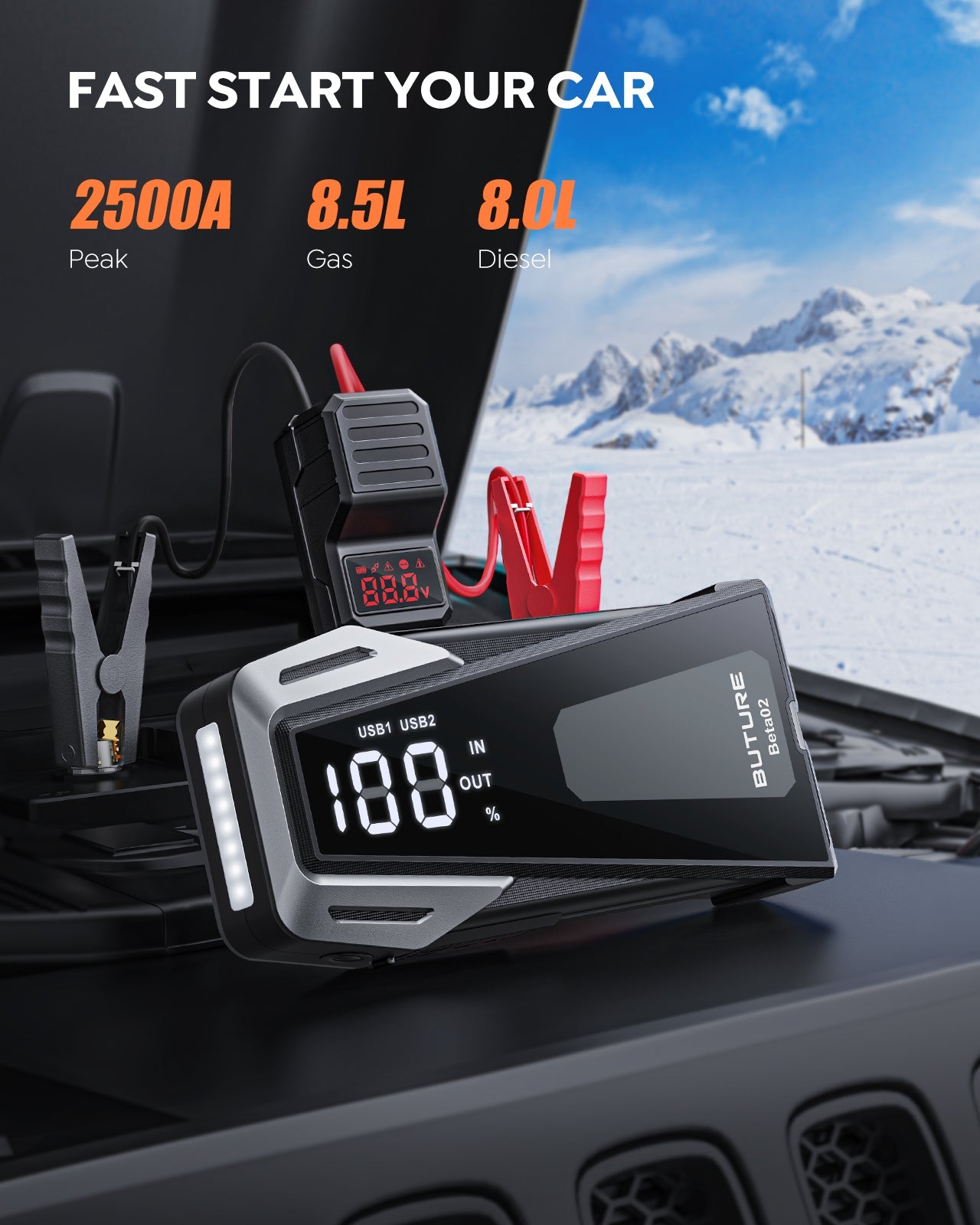 Buture Beta02 Car Jump Starter 2500A Peak丨21800mAh Power Bank, Lightweight Design